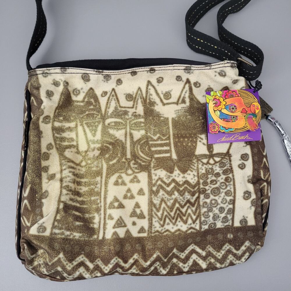 Laurel Burch Long Neck Wild Cat Family Metallic Gold Sparkle Purse Tote Bag